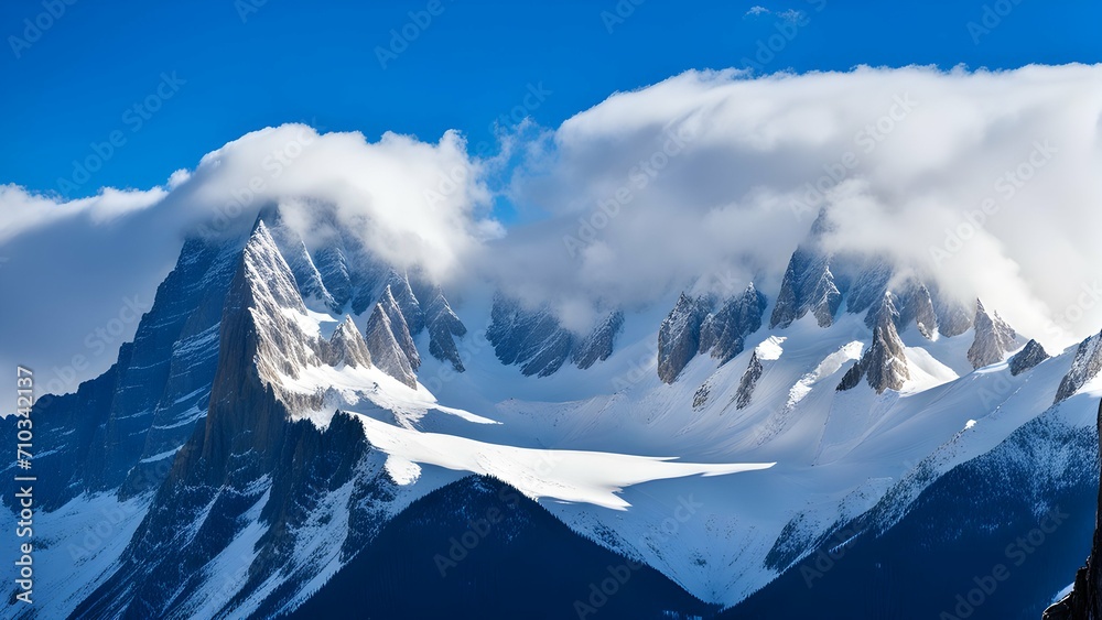 Snow-clad mountains with clouds weaving through the peaks. 