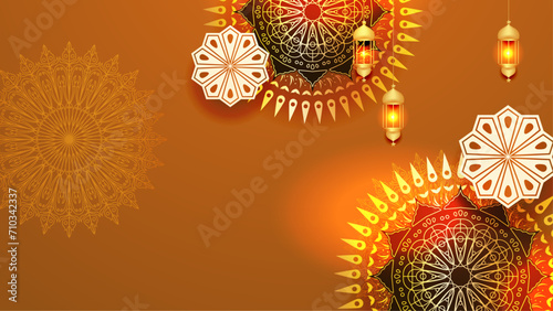 Orange red and gold vector luxury and elegant background template ramadan kareem traditional with mandala ornament. Ramadan luxury golden background
