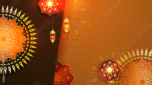 Orange red and gold vector luxury and elegant background template ramadan kareem traditional with mandala ornament. Ramadan luxury golden background
