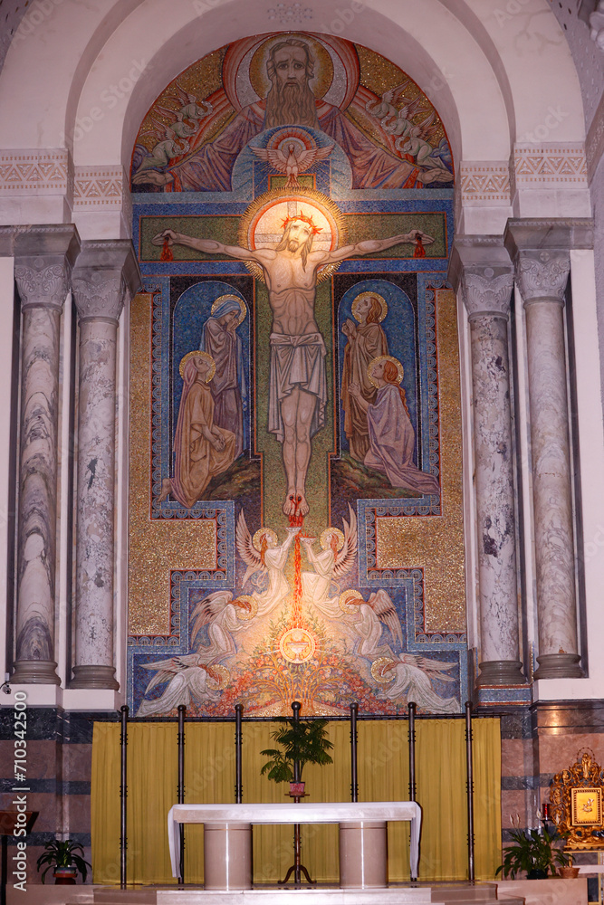 The Basilique de la Visitation.  Passion of Christ. The crucifixion, Jesus on the cross. Mosaics by Antoine Molkenboer. Annecy. France.