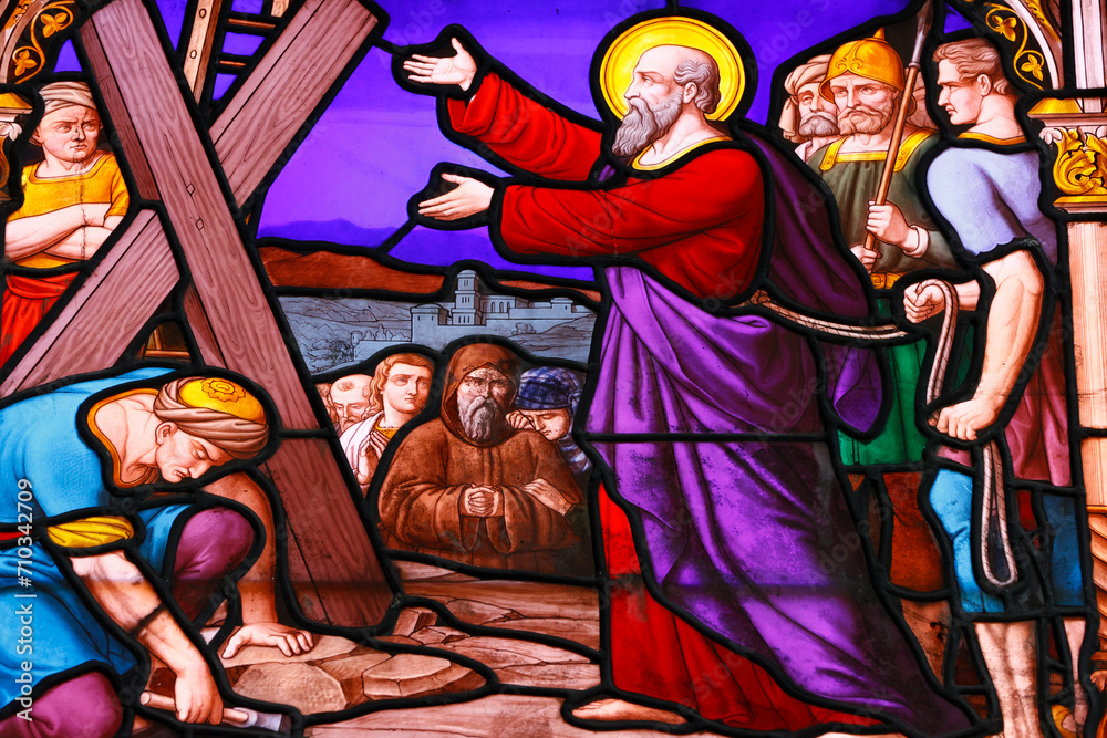 Saint Leonard church. Stained glass. Saint Andrew, was an apostle of Jesus. Arbois. France. Saint Leonard church. Stained glass. Saint Andrew, was an apostle of Jesus. Arbois. France.