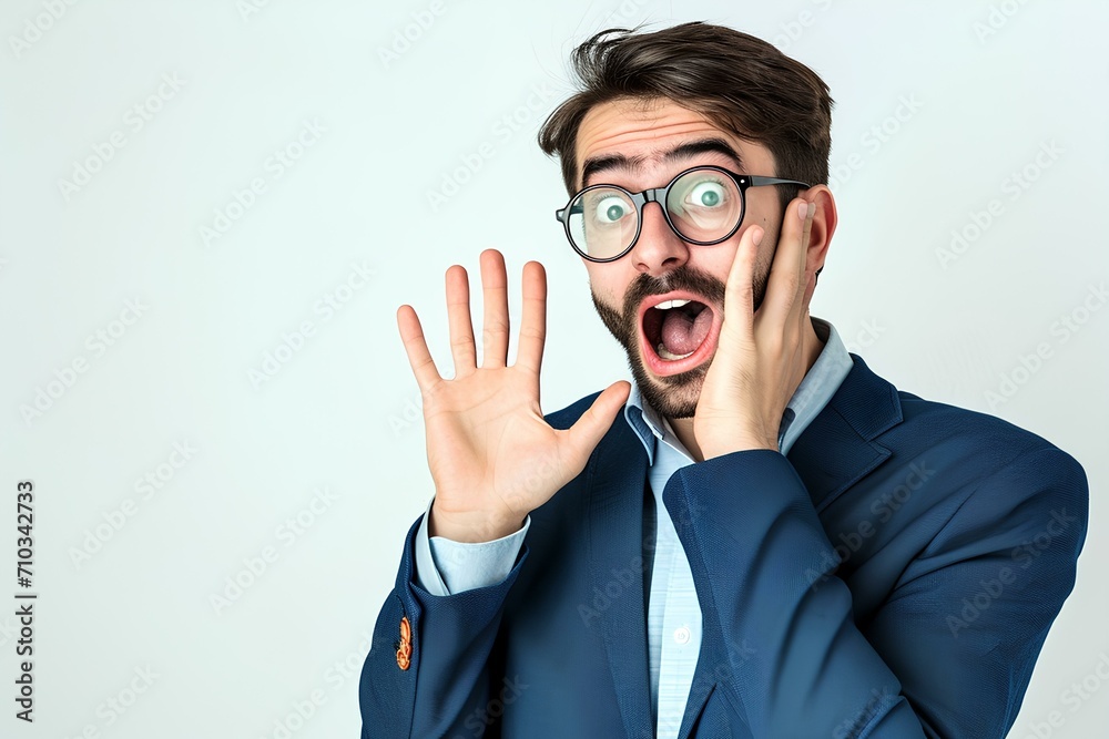 happy handsome businessman making face with his hand isolated on white background, groovy, energetic, lively expressions and hand gestures. generative AI happy handsome businessman making face with his hand isolated on white background, groovy, energetic, lively expressions and hand gestures. generative AI