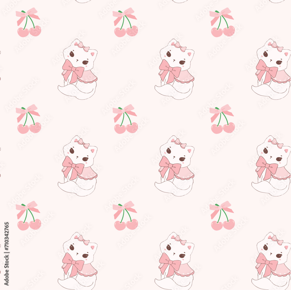 Cute coquette cats and cherries adorned with pink ribbon bow pattern seamless isolated on white background.