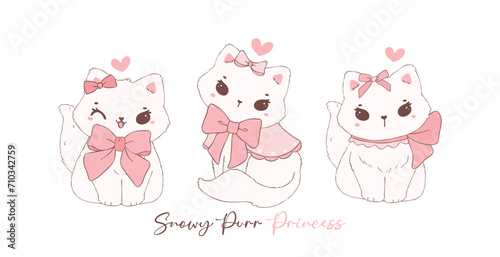 Cute coquette cats with Valentine fluffy white kitten adorned with pink ribbon bow banner,.