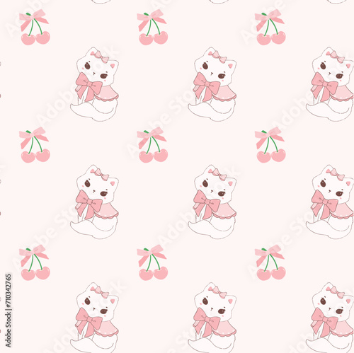 Cute coquette cats and cherries adorned with pink ribbon bow pattern seamless isolated on white background.