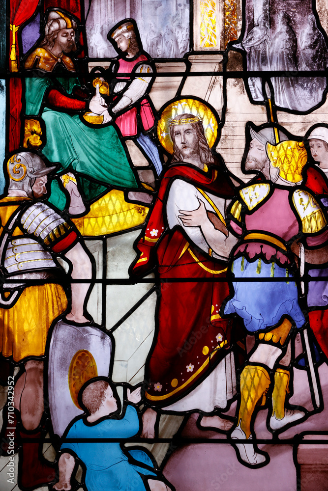 Saint Leonard church.  Stained glass.  Way of the cross. Station 1. Jesus is condemned to death.  Honfleur. France.