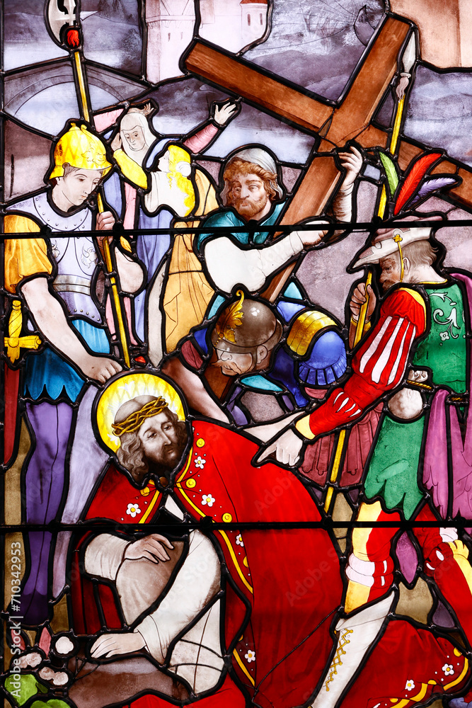 Saint Leonard church.  Stained glass.  Way of the cross. Station 3. Jesus falls the first time.  Honfleur. France.