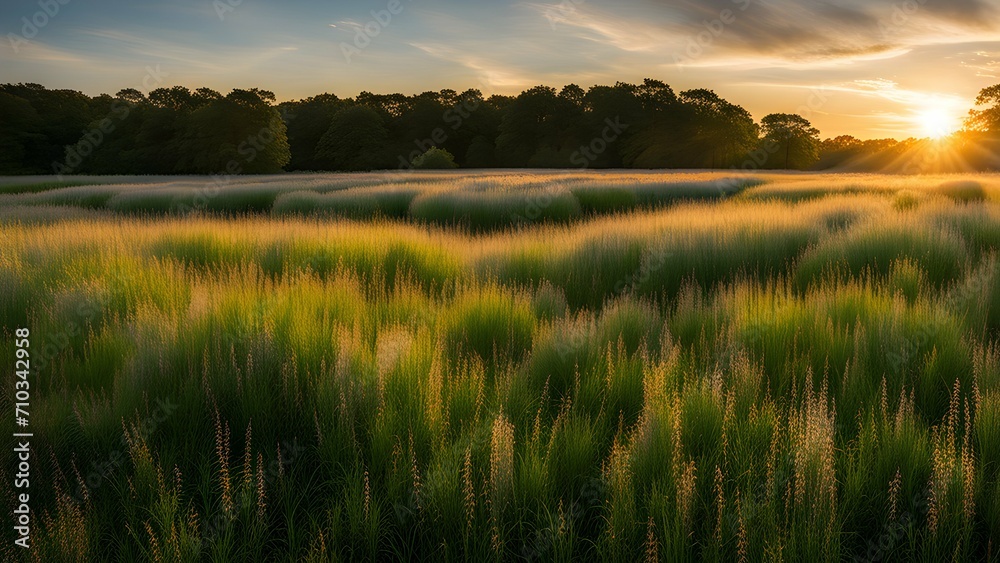 Evening light as it bathes a meadow of wild grass.