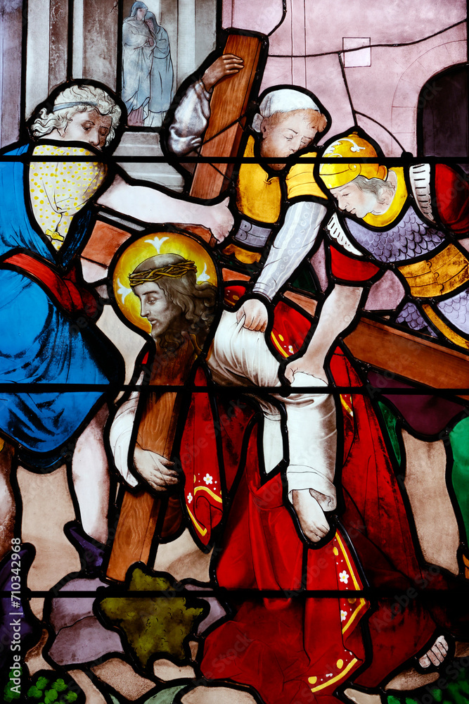 Fototapeta premium Saint Leonard church. Stained glass. Way of the cross. Station 7. Jesus falls for the second time. Honfleur. France.