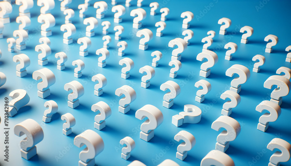 High-resolution image featuring a pattern of three-dimensional white question marks arranged in a staggered formation on a vibrant light blue background. High-resolution image featuring a pattern of three-dimensional white question marks arranged in a staggered formation on a vibrant light blue background.