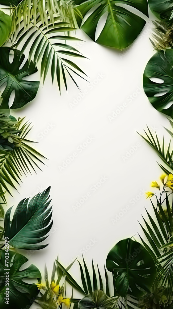tropical leaves on white background, copy space for text