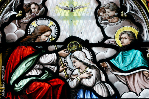 Saint Leonard church. Stained glass. The Coronation of the Virgin in Heaven. Honfleur. France.