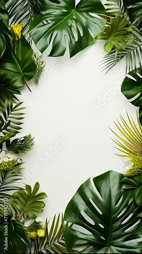 tropical leaves on white background  copy space for text