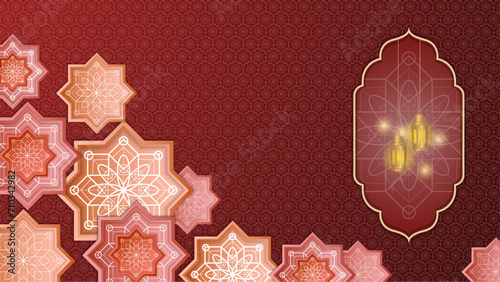 Red peach and pink vector background for islamic ramadan celebration with mandala ornament. Islamic middle east Arabic luxury golden ornament background