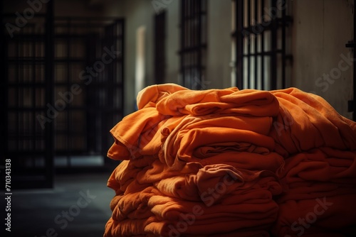 Orange robe prisoners clothes. Stack of prison detention tangerine clothing. Generate ai photo
