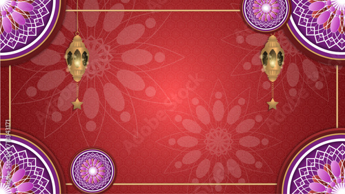 Red gold and purple violet vector luxury and elegant background template ramadan kareem traditional with mandala ornament. Islamic middle east Arabic luxury golden ornament background