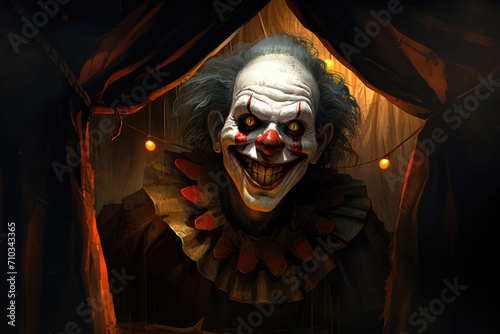 
Illustration of a nightmare ugly clown with sharp teeth and wild eyes, lurking in a dimly lit, abandoned circus tent