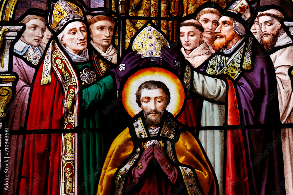 Fototapeta premium Saint Augustin church. Stained glass. Life of Saint Augustine of Hippo. Saint Augustine is crowned bishop. Deauville. France.