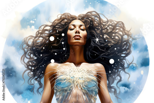 Illustration of Nut, the sky goddess, arched over the earth, her body adorned with stars photo