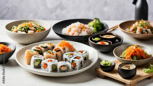 a variety of Asian-inspired vegetarian dishes on a white wooden table in a restaurant include sushi rolls, vegetable stir-fry, miso soup, and a side of pickled veggies