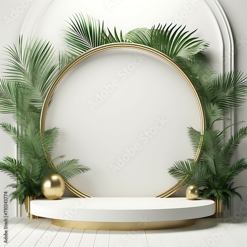 White product podium with green tropical palm leaves and golden round arch on white wall , winter vabes photo