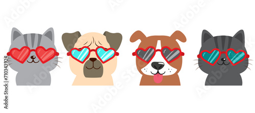 Cats and dogs with heart sunglasses love concept illustration. Cute animals celebrating Saint Valentine holiday