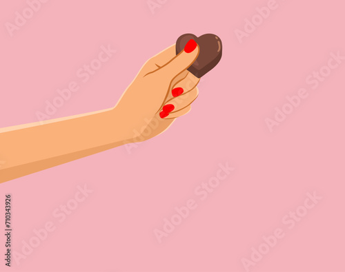 Female hand holding chocolate Vector Drawing. Girlfriend offering heart shaped dessert food as temptation