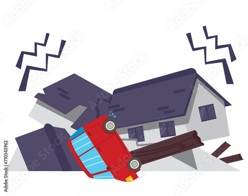 Earthquake damaged houses and car vector illustration. Home insurance business service icon symbol concept
