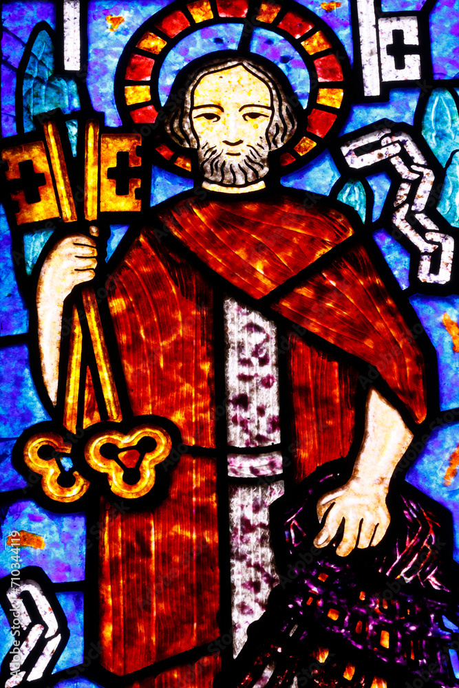 Saint Helier church. Stained glass by Francois Decorchemont. Saint Peter with the keys of paradise. Bleuzeville. France.