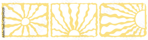 Groovy retro abstract sun backgrounds. doodle shapes in trendy naive hippie 60s 70s style. Square wavy vector illustration in yellow colors.