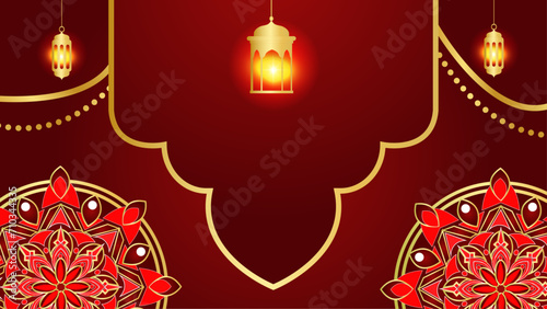 Red white and gold vector background for islamic ramadan celebration with mandala ornament. Islamic ramadan blue luxury background with mandala for poster