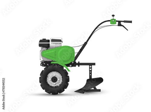 Hand walk behind tractor with plow green harvesting machine side view realistic vector illustration