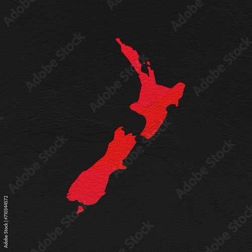 New Zealand red map on isolated black textured background. High quality coloured map of New Zealand. 