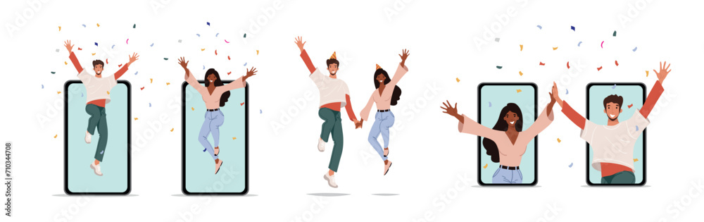Happy guy and girl jumping out of the phone screen holding hands, congratulations on victory, success concept in a smartphone application. Flat cartoon vector illustration. - obrazy, fototapety, plakaty 