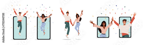 Happy guy and girl jumping out of the phone screen holding hands, congratulations on victory, success concept in a smartphone application. Flat cartoon vector illustration.