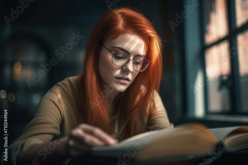 Free Download Red haired female with glasses reading book. Ginger young lady leisure reading time in library. Generate ai - GFXLoad