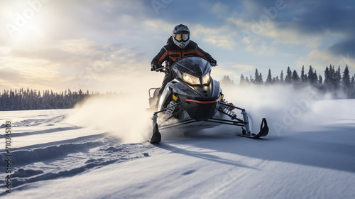 person ridding a snowmobile at sunset