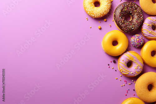 Top view of assorted donuts on purple background