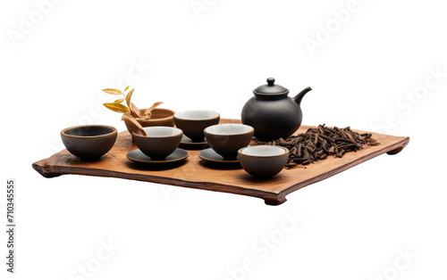 Black Kung Fu Tea Set with Tea Seeds and Leaves on Wooden Tray On White or PNG Transparent Background.