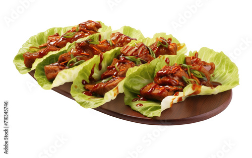 Lettuce Wraps with Savory Asian Sauce on Wooden Tray On White or PNG Transparent Background.