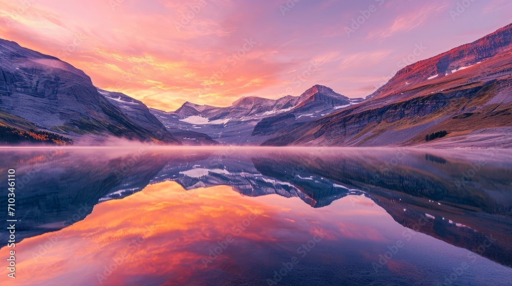 Mountainous Landscape at Twilight with Reflective Lake and Vibrant Sunset Colors