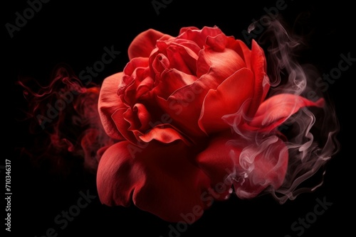 Rose wrapped red smoke in darkness. Aromatic ruby bloom rose vapors perfume. Generate ai