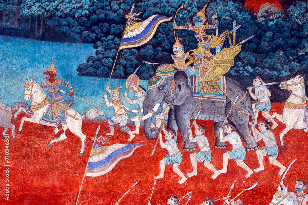 Royal palace complex.  Murals of scenes from the Khmer (Reamker) version of the classic Indian epic Ramayana.  Phnom Penh; Cambodia.