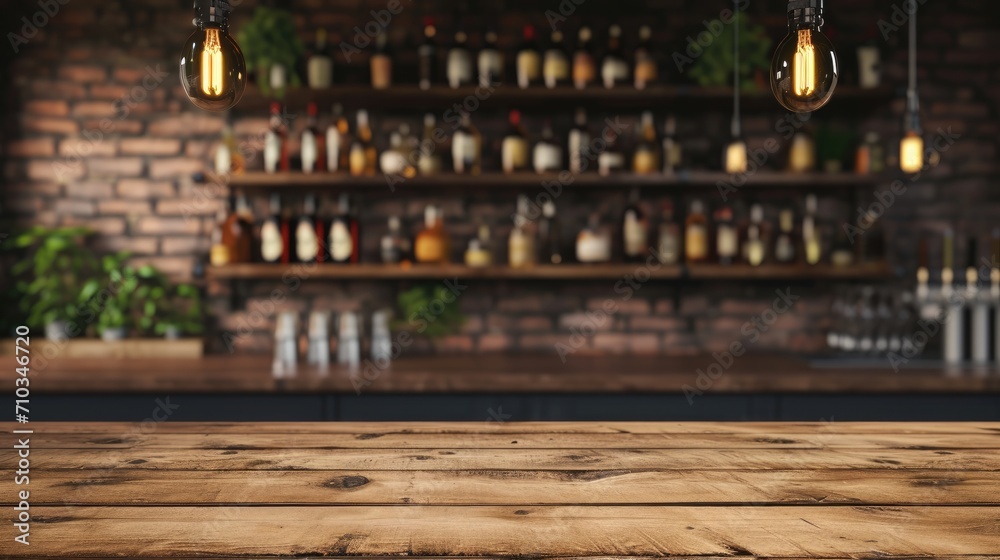 A pub's bar counter featuring a wooden table backdrop, Ai Generated.