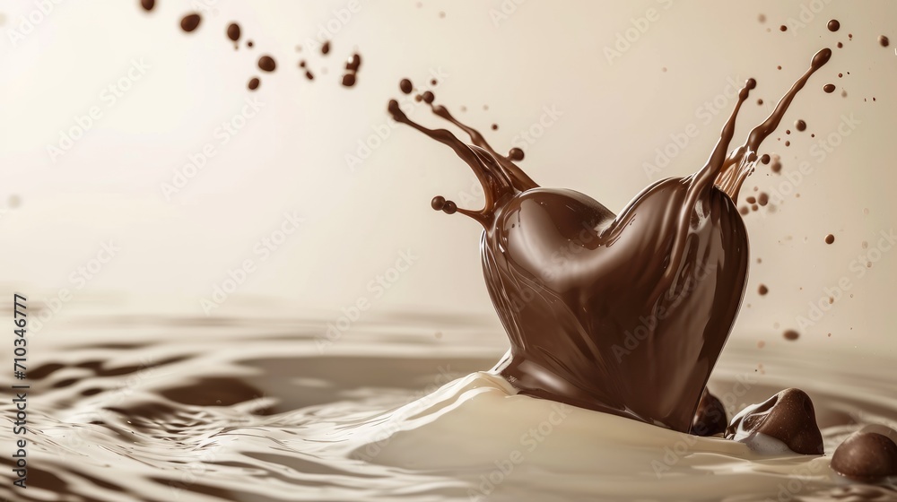A chocolate heart emerging from a milk splash, serving as a romantic food symbol for Valentine's Day, Ai Generated - obrazy, fototapety, plakaty 