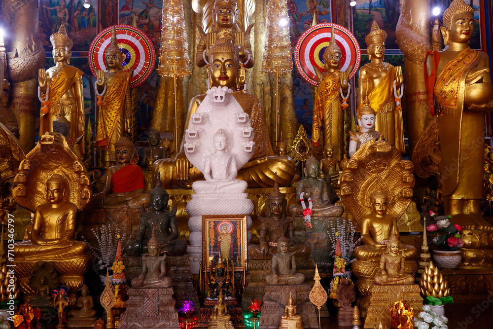 Mongkol Serei Kien Khleang Pagoda. Buddha statues on main altar.  Phnom Penh; Cambodia.