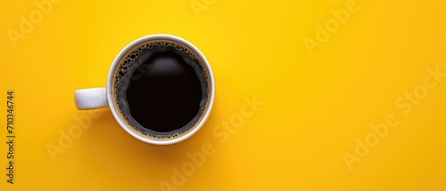 Overhead view of a coffee cup set on a yellow background, Ai Generated.