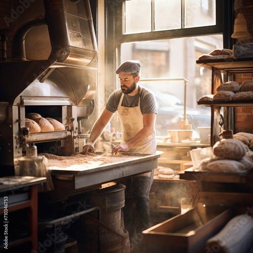 A man in an apron is making bread in a bakery. Generative AI.