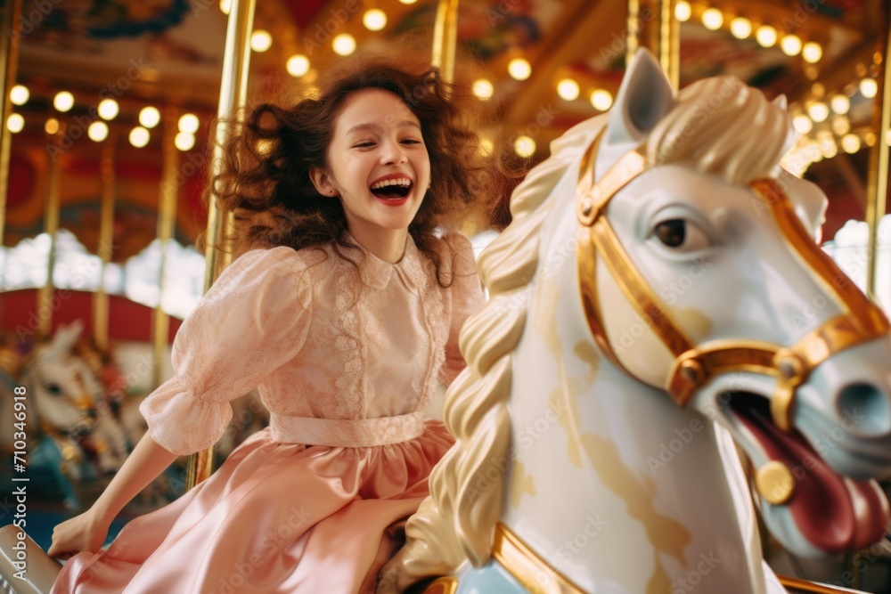 Fototapeta premium A girl is riding a carousel horse. Generative AI.