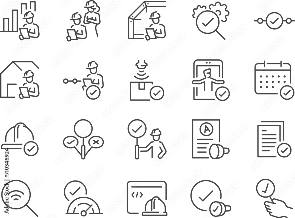 Inspection icon set. It included inspector, QA, QC, quality control, and more icons. Editable Vector Stroke. Inspection icon set. It included inspector, QA, QC, quality control, and more icons. Editable Vector Stroke.